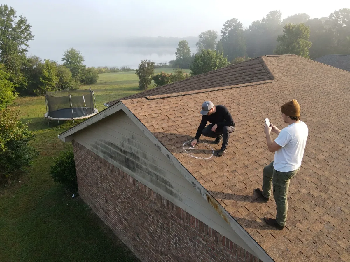 A roofer and an insurance adjuster documenting hail damage on a residential roof