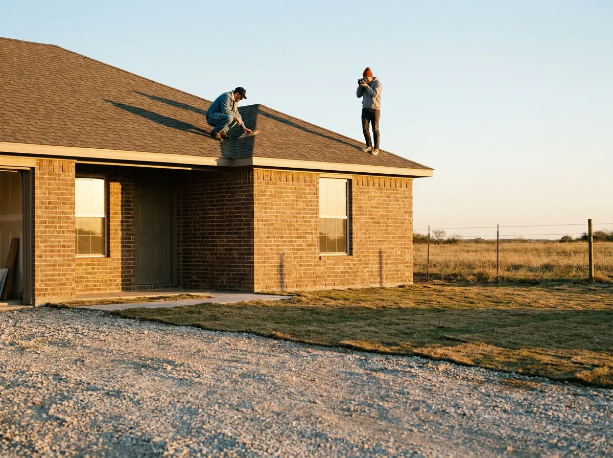 A roofer and an insurance adjuster documenting hail damage on a residential roof
