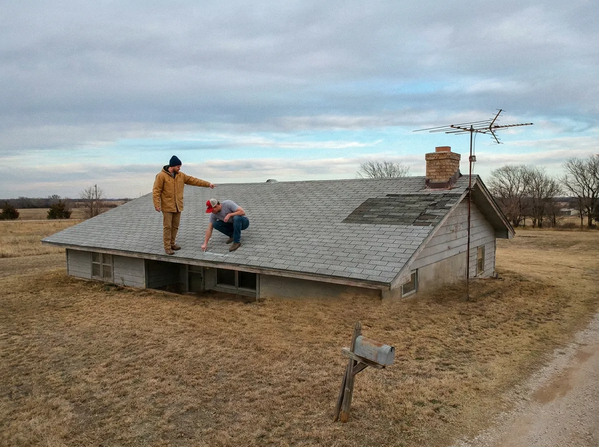 A roofer and an insurance adjuster documenting hail damage on a residential asphalt shingle roof