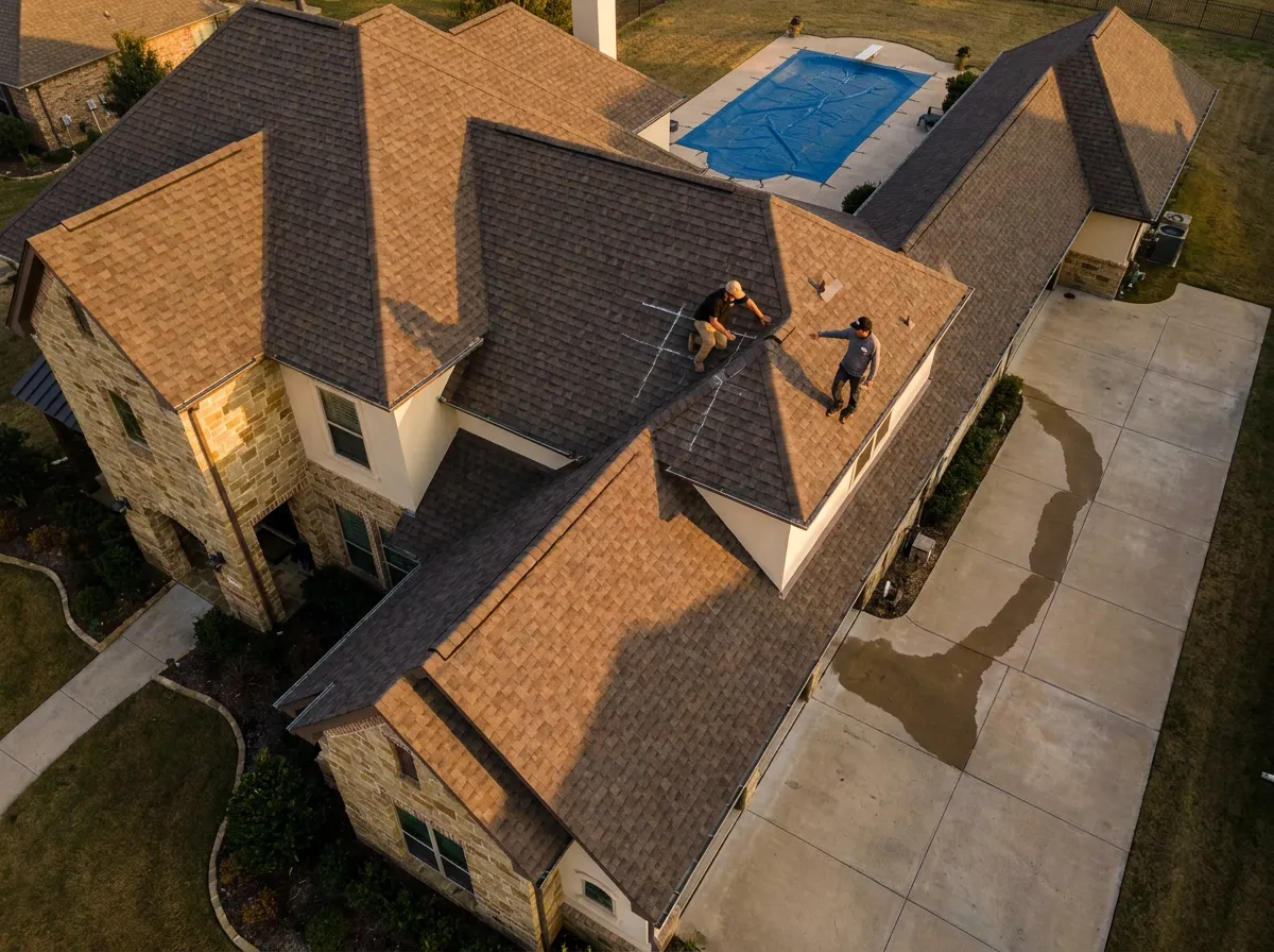 An insurance adjuster documenting hail damage on a residential asphalt shingle roof