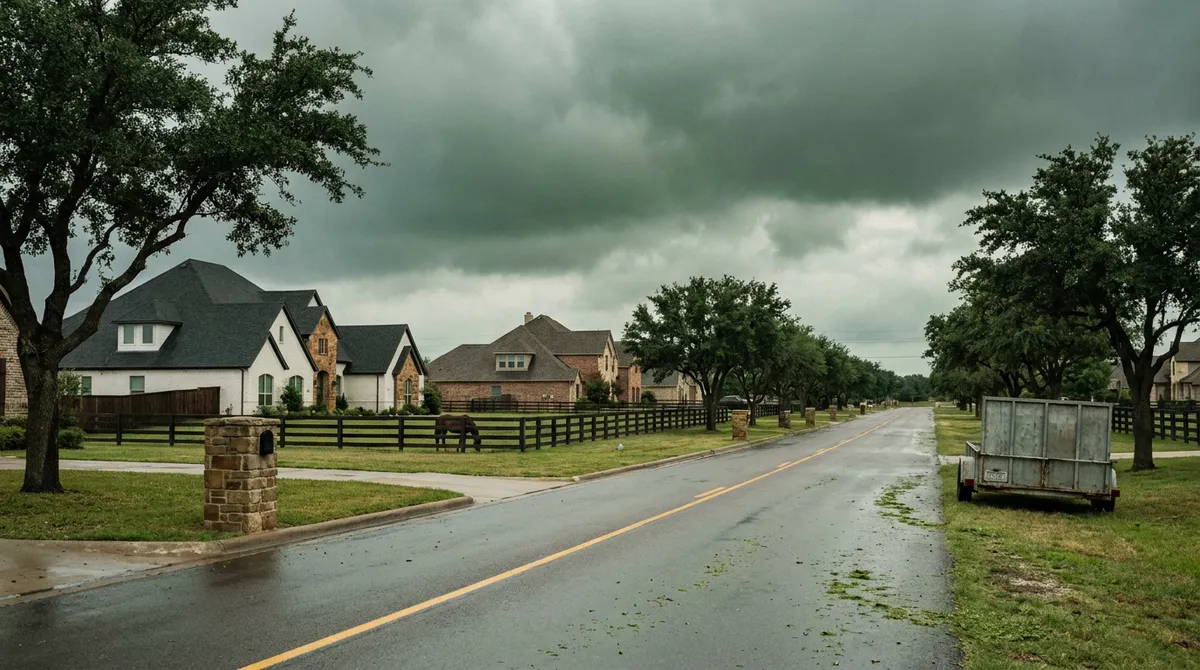 White Chapel Boulevard at FM-1709 hail corridor lined with custom estate homes in Southlake, TX