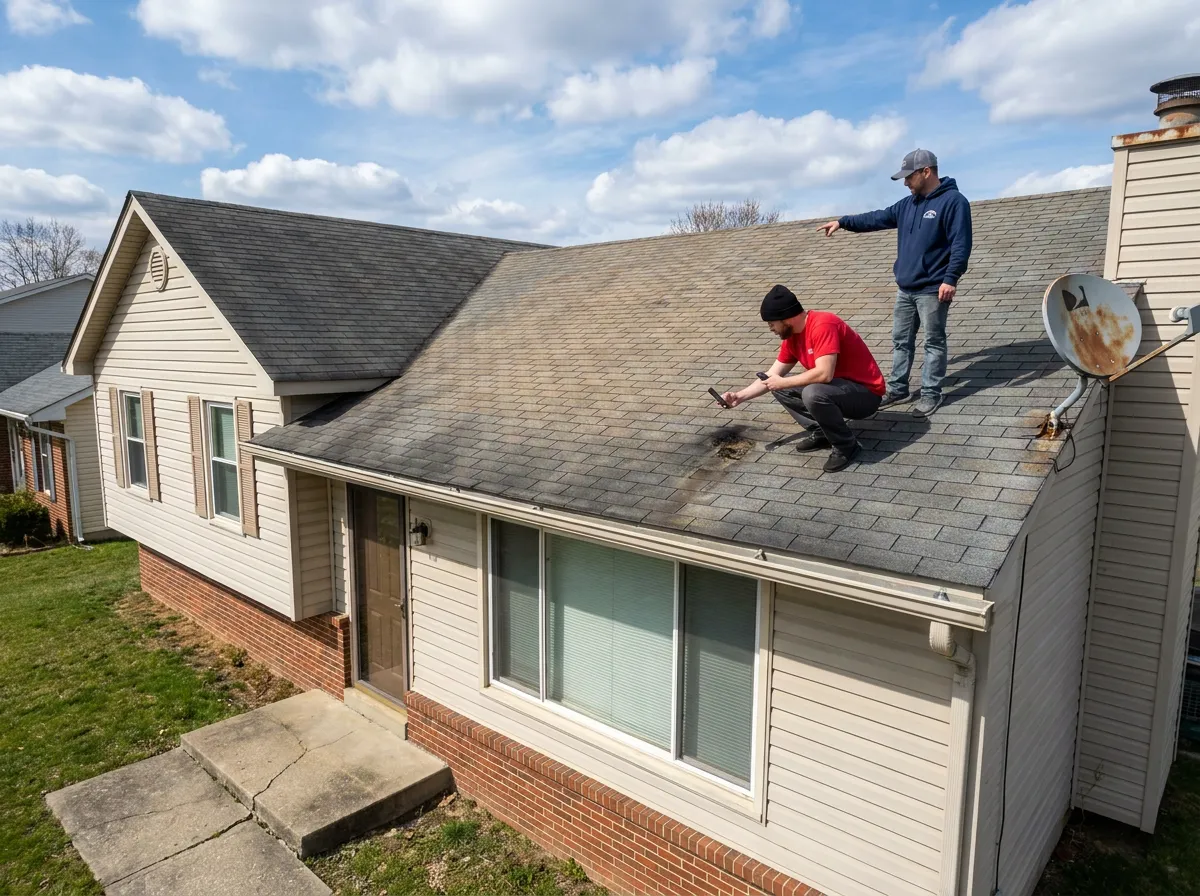 A roofer and an insurance adjuster documenting hail damage on a residential roof
