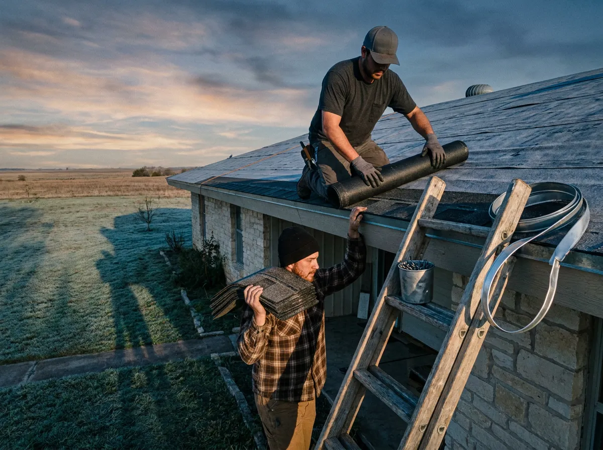 A roofer completing a residential asphalt shingle install on a North Texas home