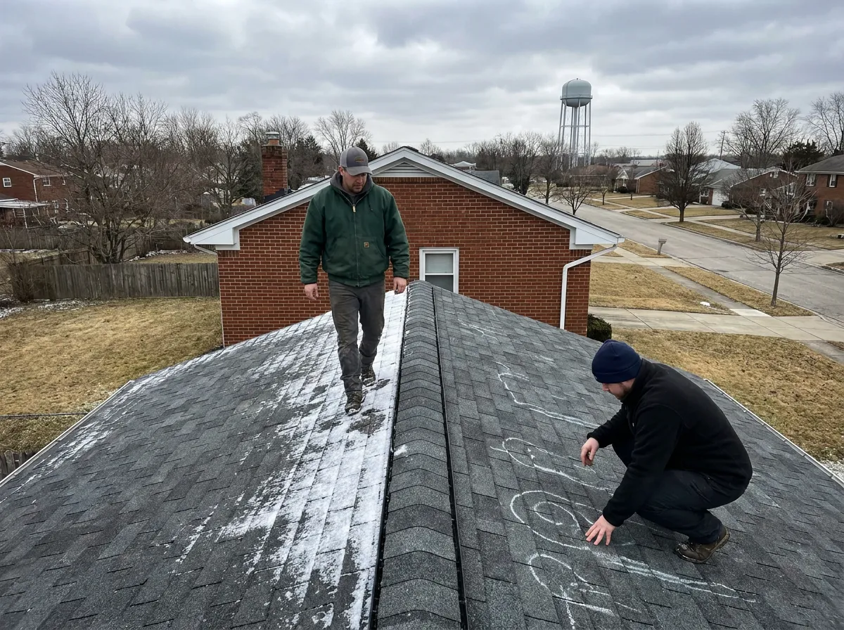 A roofer documenting hail damage on a residential asphalt shingle roof with an insurance adjuster
