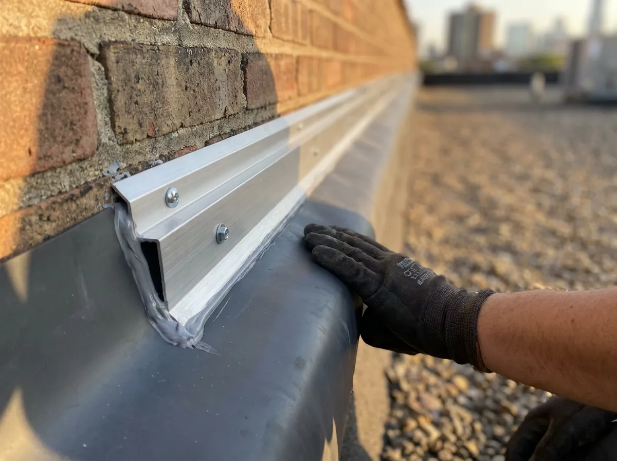 Rebuilt parapet wall flashing with a new termination bar on a commercial roof