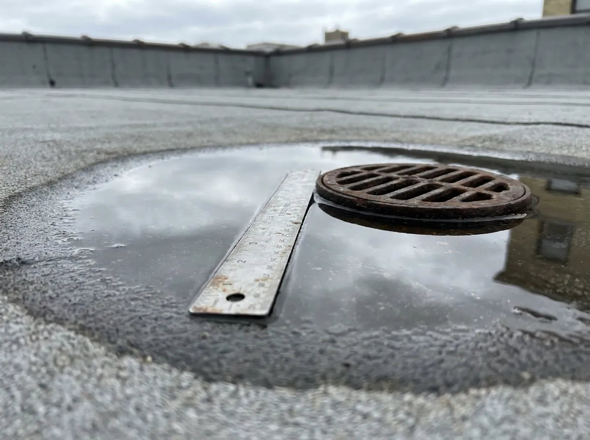 Ponding water on a commercial flat roof with a depth measurement being taken on a DFW-area building