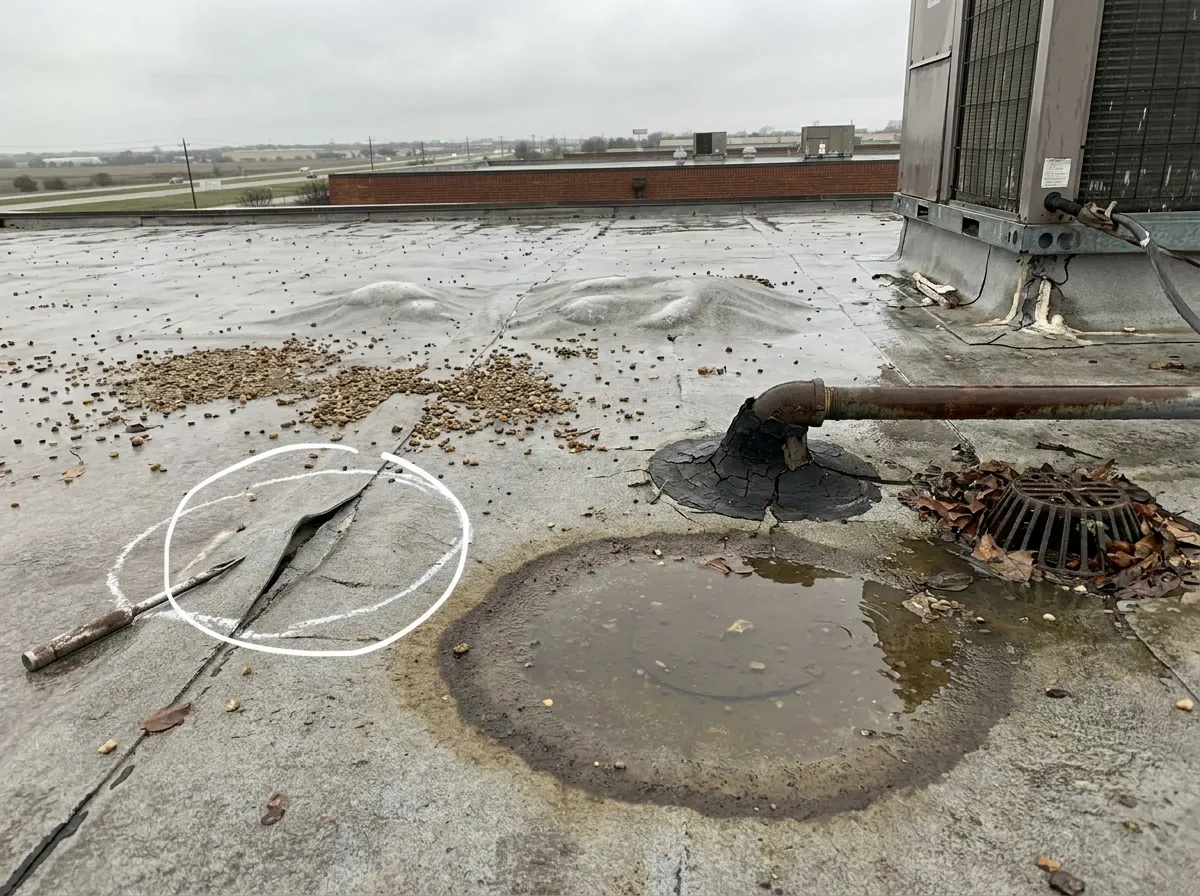 Diagram illustrating common commercial flat roof failure modes such as seam separation and parapet flashing failure