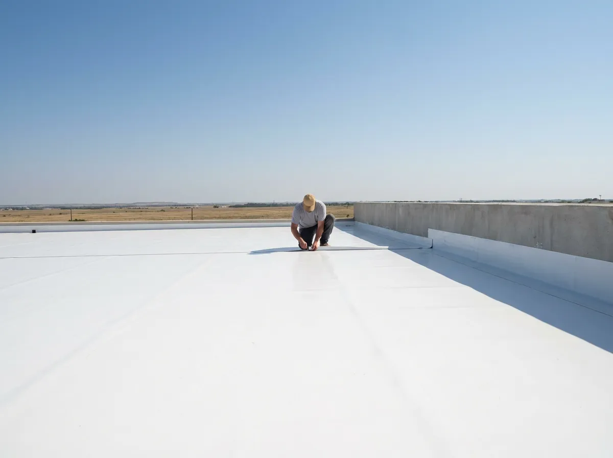 Hot-air TPO seam re-weld in progress on a commercial flat roof in the Dallas area