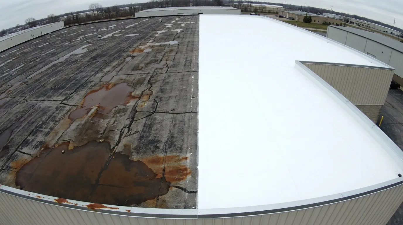 Before and after comparison of a North Texas warehouse commercial roof replacement