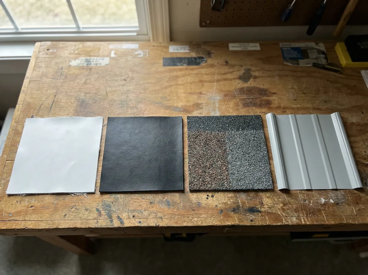 Material samples of TPO, EPDM, modified bitumen, and coated metal commercial roofing systems side by side