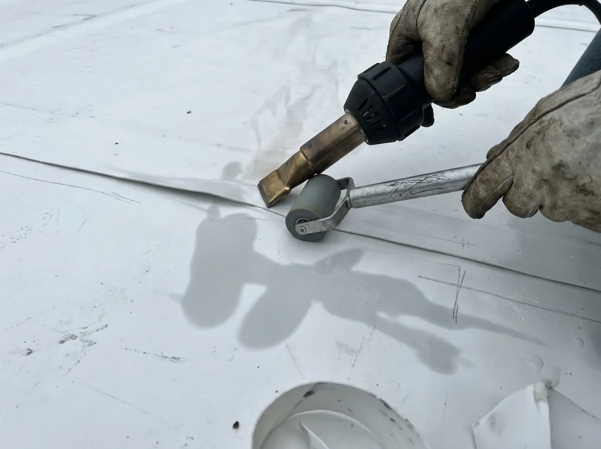 Roofer heat-welding a TPO membrane seam with a hot-air welder on a commercial roof