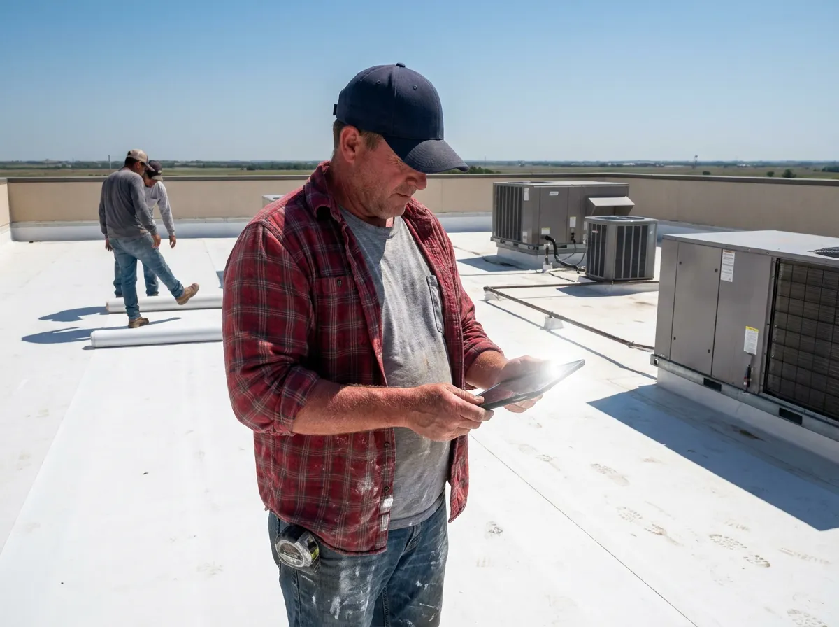 A roofing crew lead logging install photos on a tablet on a Dallas-area commercial roof