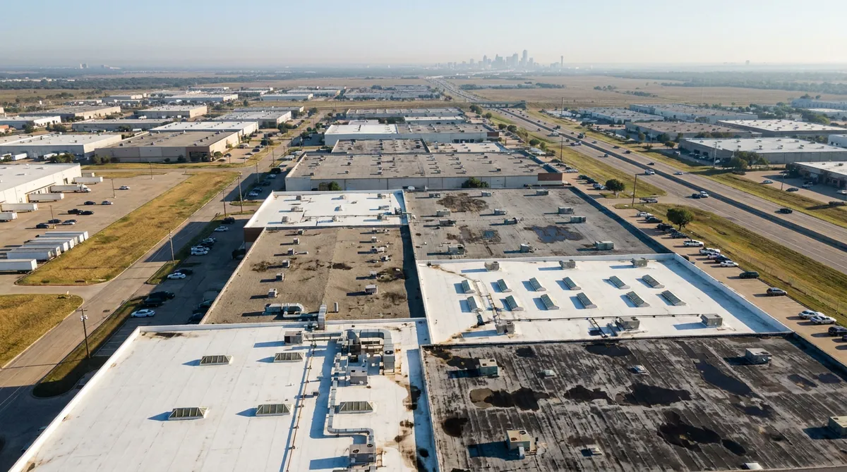 Illustrative map showing DFW-area neighborhoods covered for commercial roofing