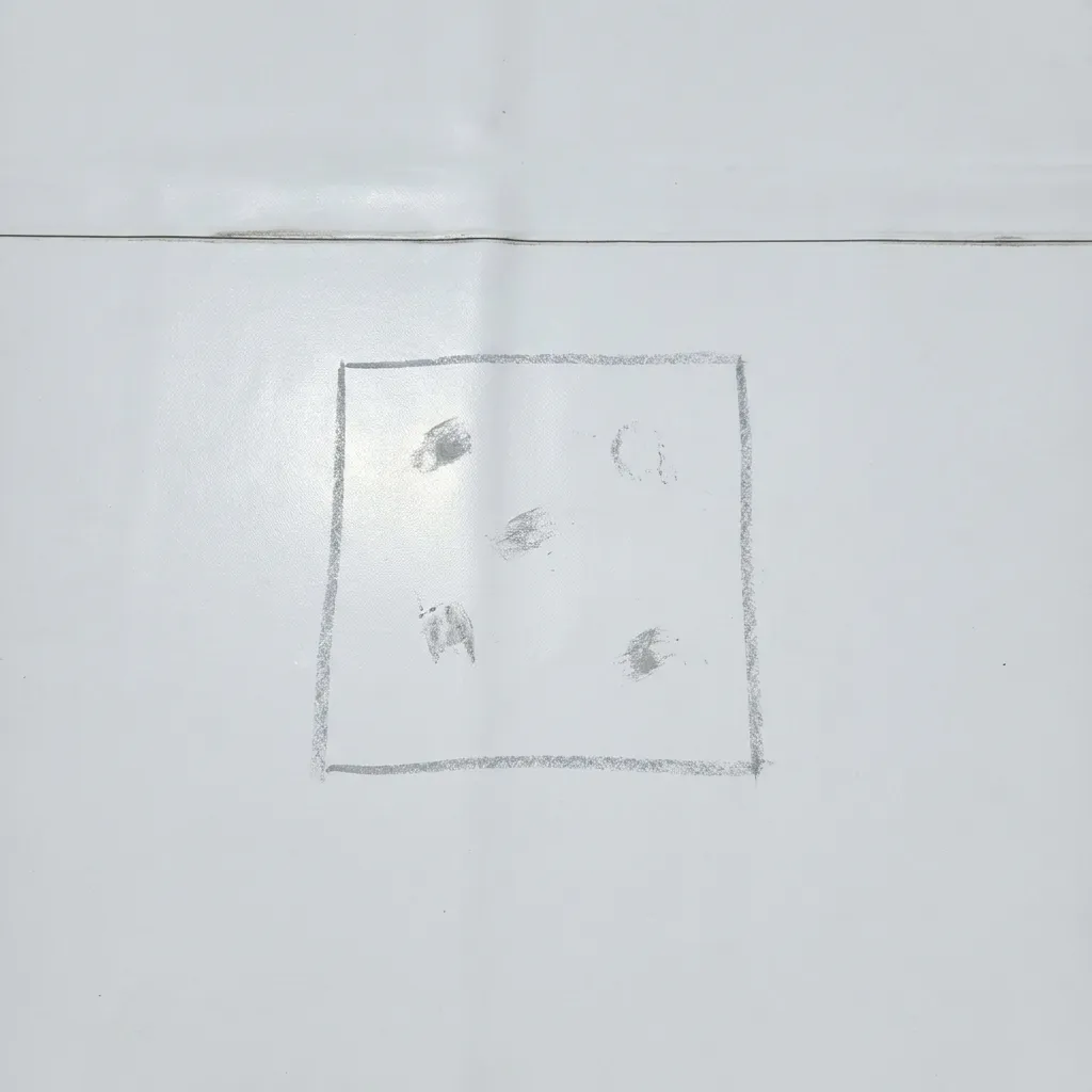 Close-up of a chalked test square on a hail-bruised TPO membrane