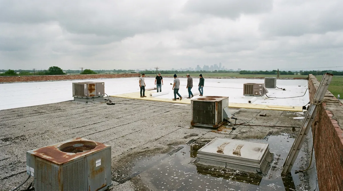 Completed TPO 80mil flat roof installation on a North Texas commercial building