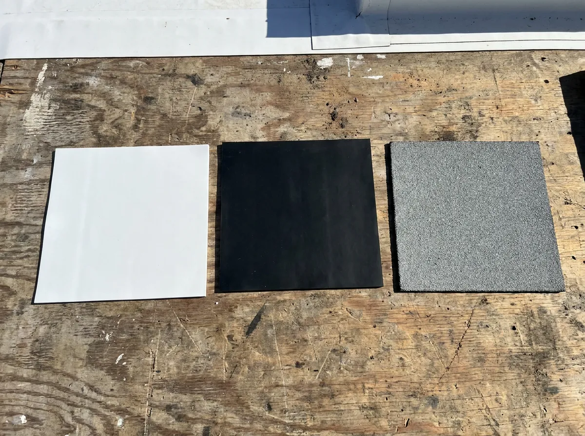 Cross-section diagram comparing TPO, EPDM, and modified bitumen flat roof systems