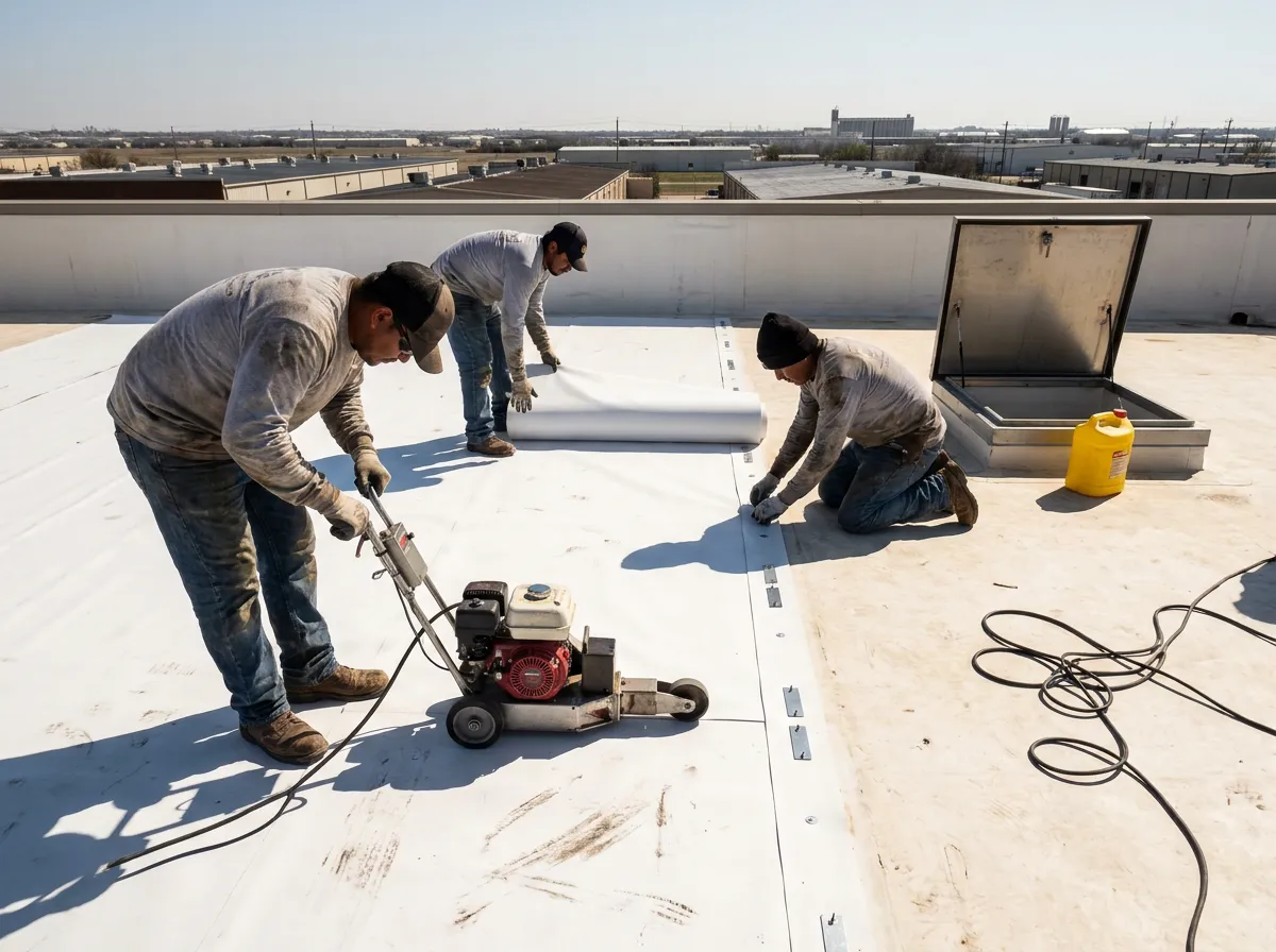 A roofer heat-welding a TPO membrane seam on a commercial rooftop in North Texas