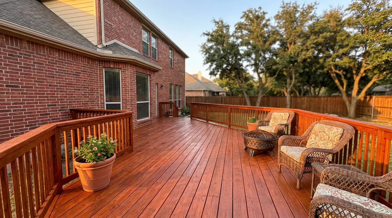 Before and after of a repaired backyard deck on a North Texas home, weathered gray boards replaced with fresh stained decking