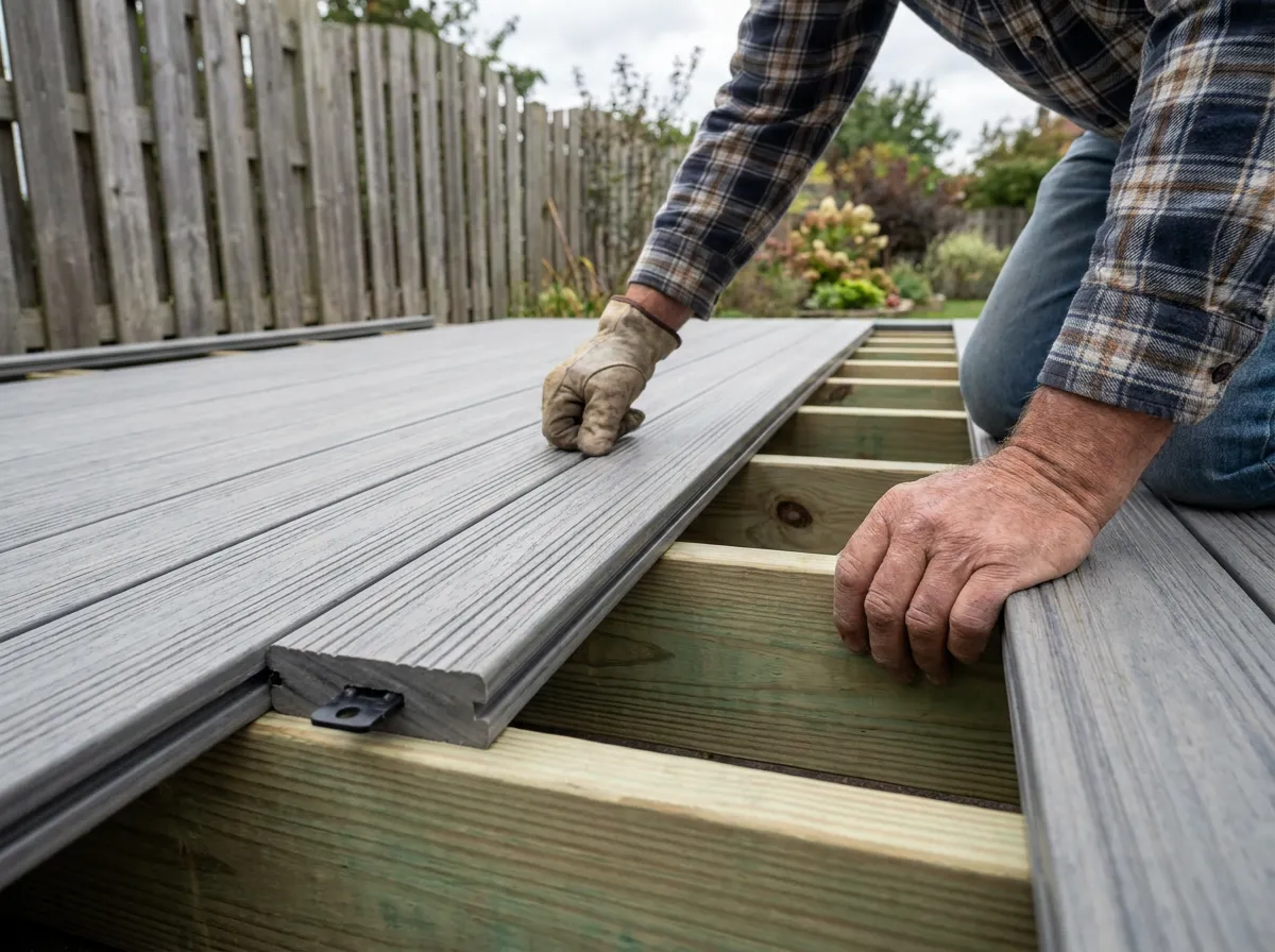 Composite deck boards being installed over existing pressure-treated framing on a North Texas backyard deck