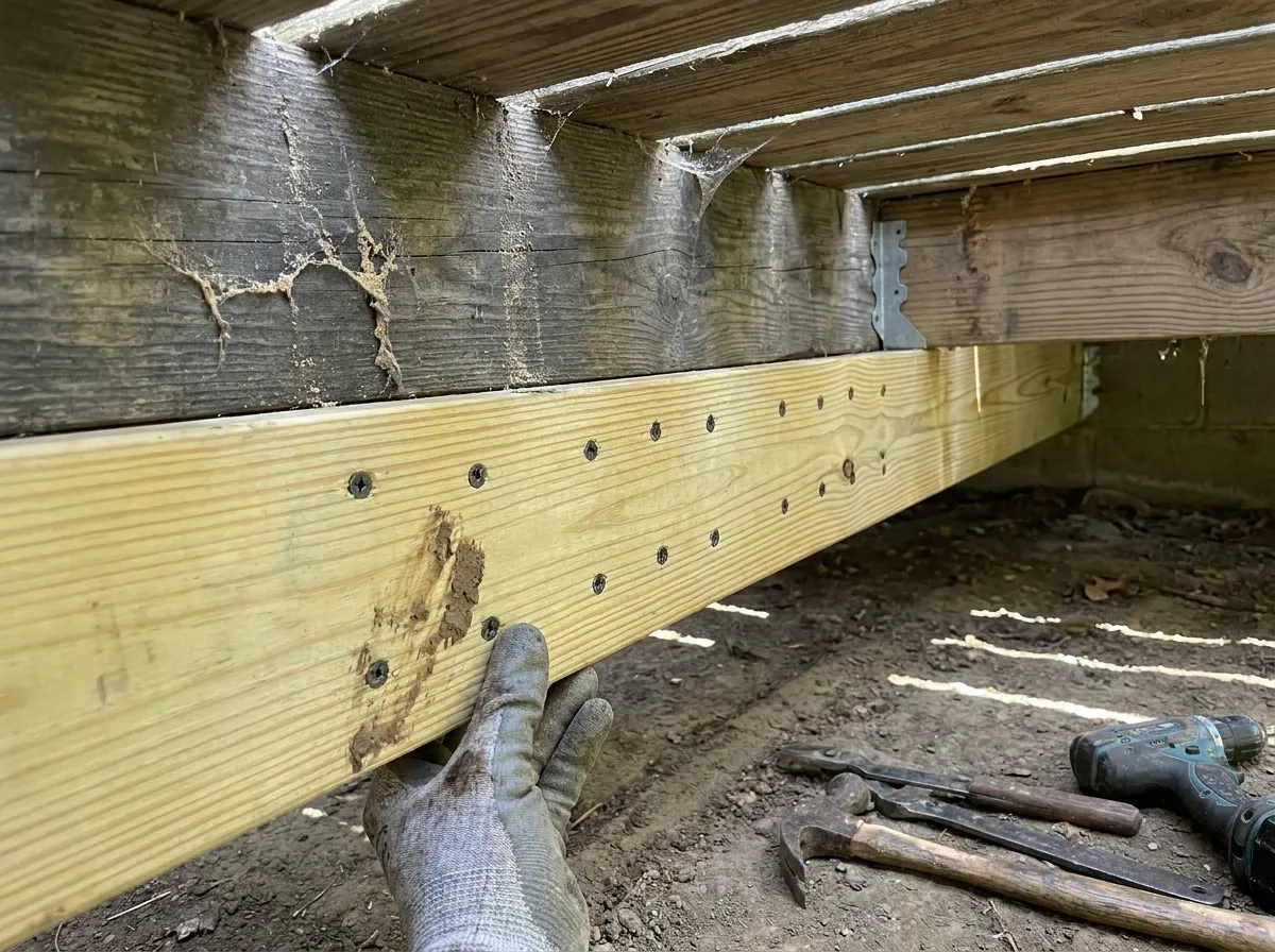 Joist sister-up repair under a deck, a new pressure-treated 2x10 bolted alongside a rotted original joist
