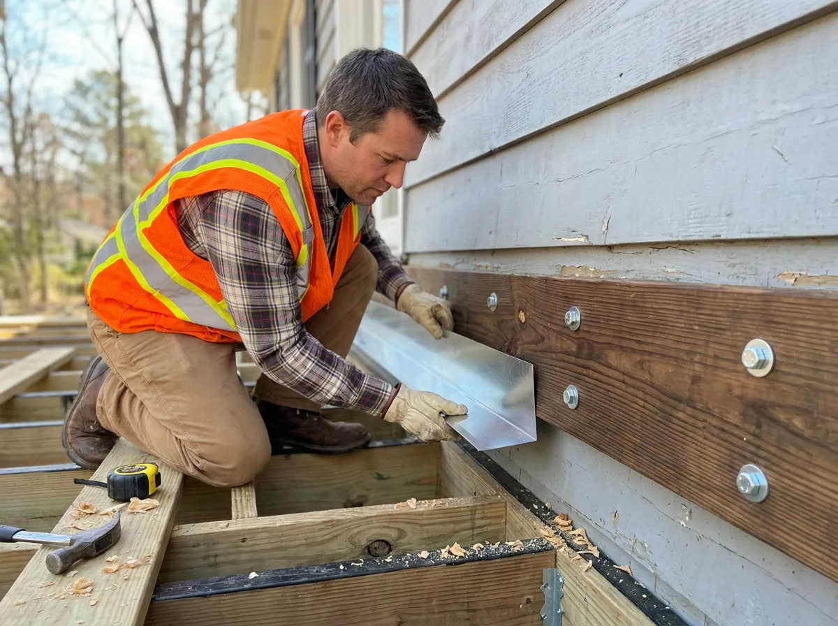 Properly rebuilt deck ledger with continuous metal Z-flashing tucked behind the housewrap on a North Texas home