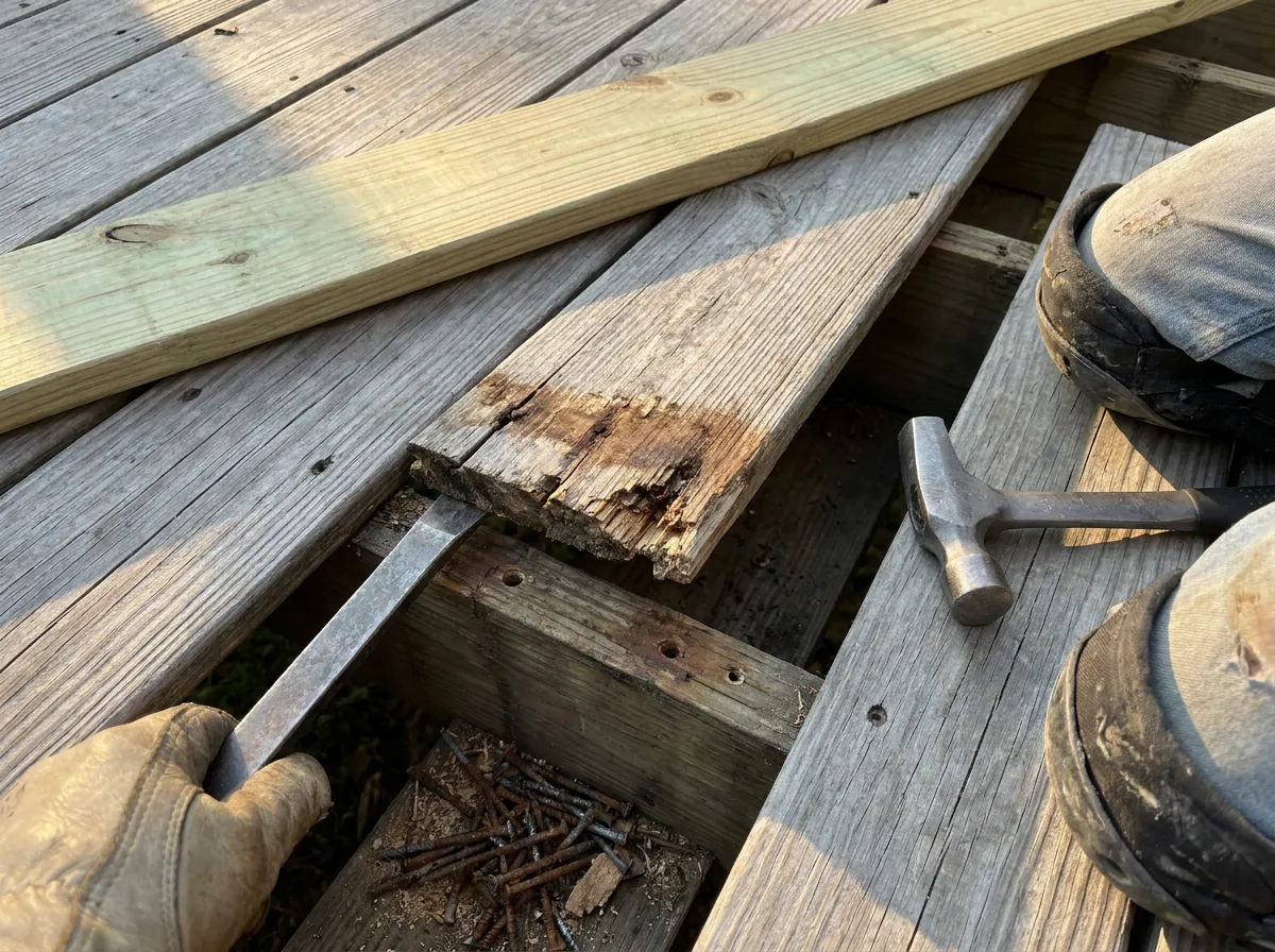 Rotted deck board replacement on a North Texas backyard deck, weathered planks being swapped for fresh treated lumber
