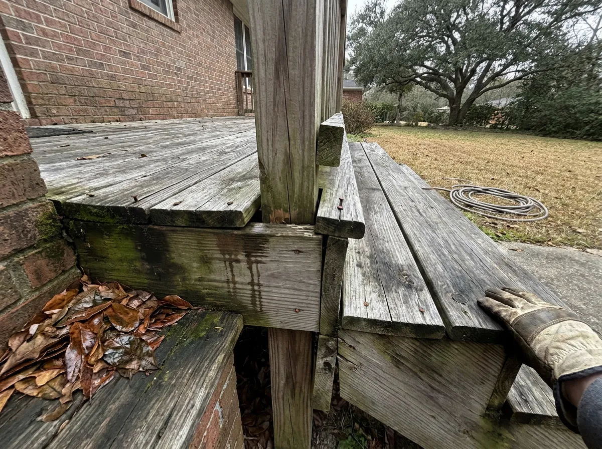 Illustrated reference panel showing six common wood deck failure modes including board rot, ledger leaks, joist sag, and railing wobble