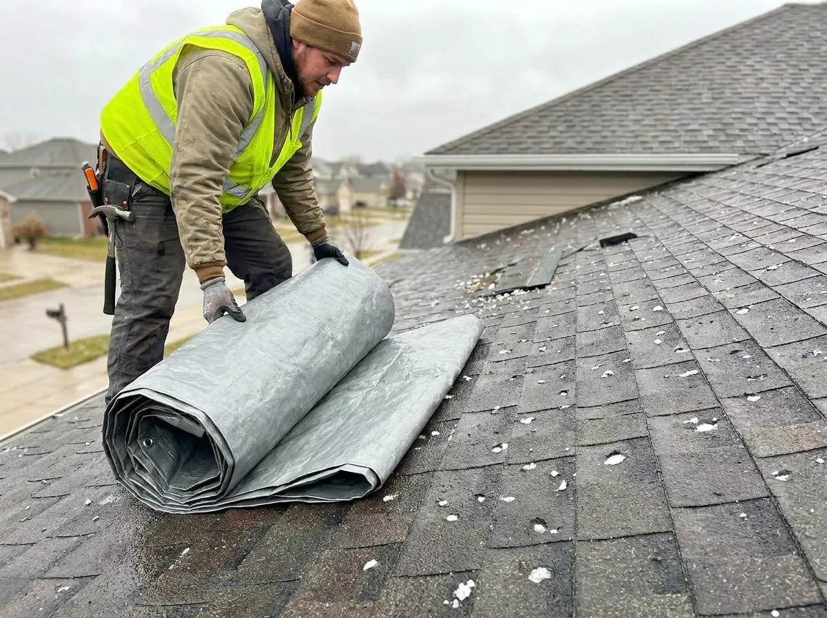 Emergency tarp deployment over hail-damaged shingles on a North Texas home after a storm
