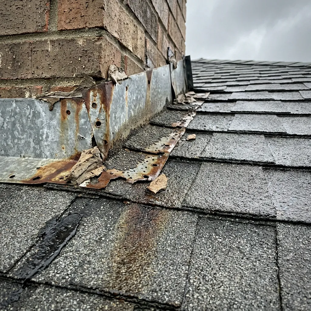Close-up of corroded and failed step flashing along a roof wall junction that caused a ceiling leak
