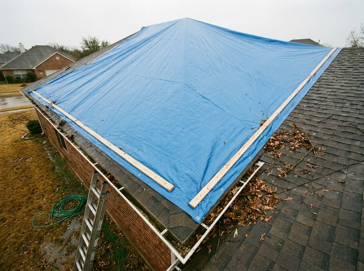 Properly lapped and cap-nailed emergency roof tarp secured with furring strips on a North Texas home