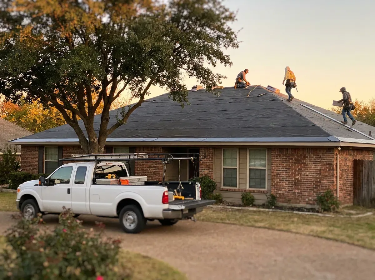 Roof Raiders dispatch truck arriving at a DFW home during a storm at dusk
