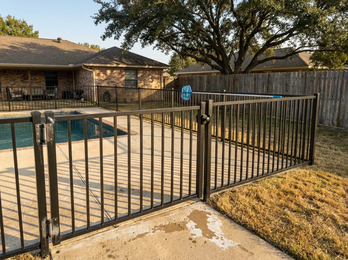Black powder-coated aluminum pool fence with a self-closing self-latching gate around a backyard pool