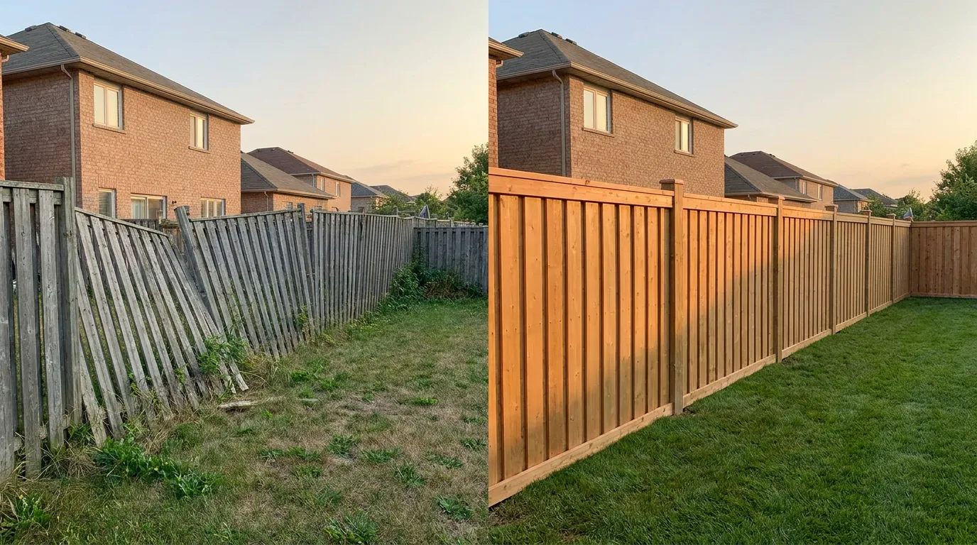 Before and after of a backyard fence replacement on a North Texas home, old weathered fence beside a new cedar fence