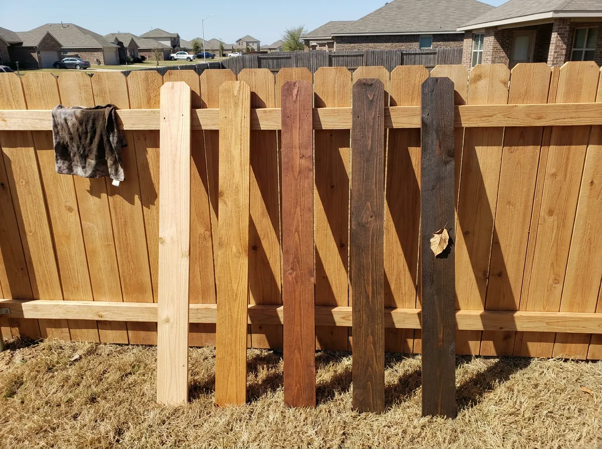 Row of cedar fence stain color sample boards laid out from natural tone to dark walnut