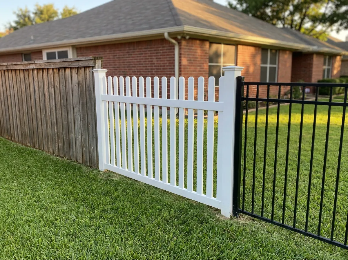 Side by side comparison of cedar, vinyl, and aluminum fence panels in a North Texas backyard