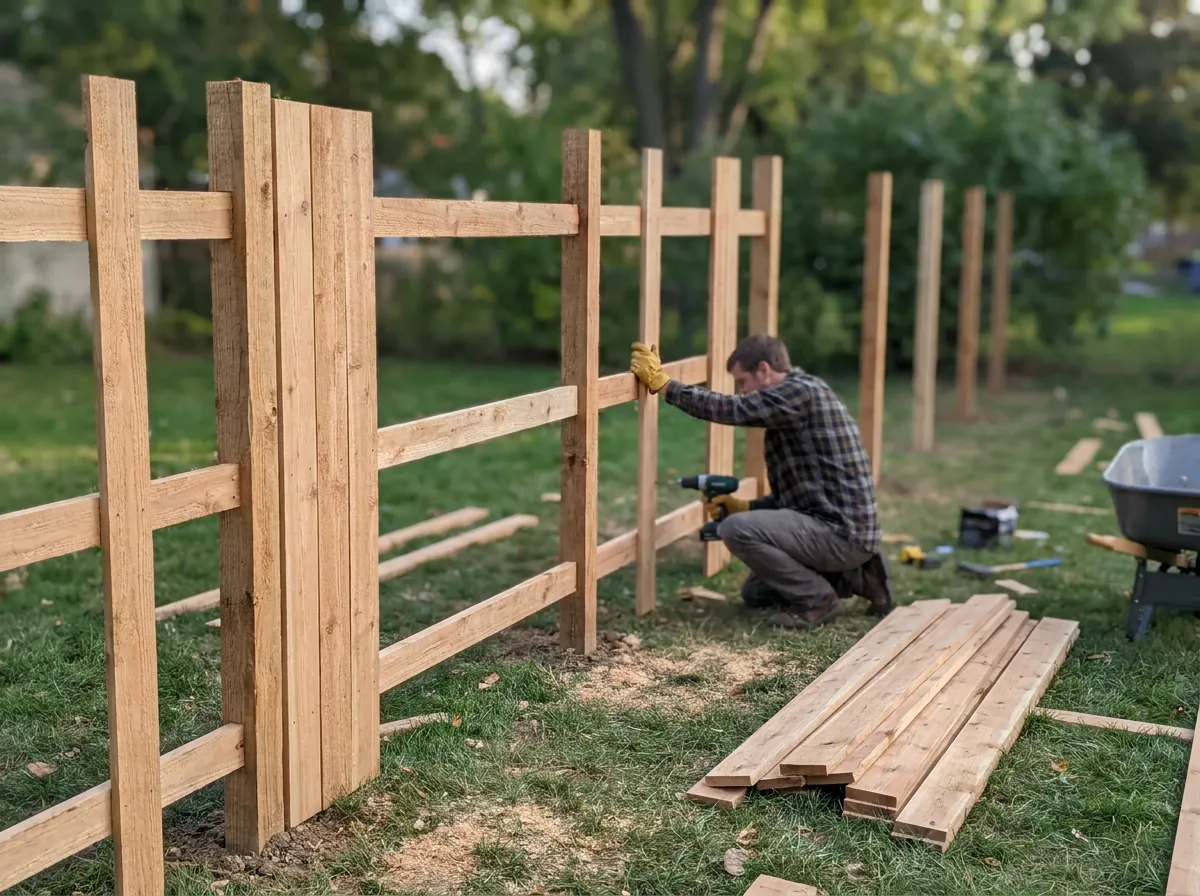 Six foot cedar privacy fence partway through installation with posts set and pickets going up