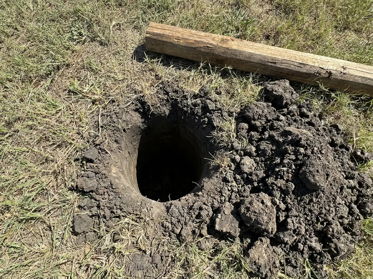 Fence post setting diagram showing a 30 inch deep hole belled at the bottom and filled with concrete