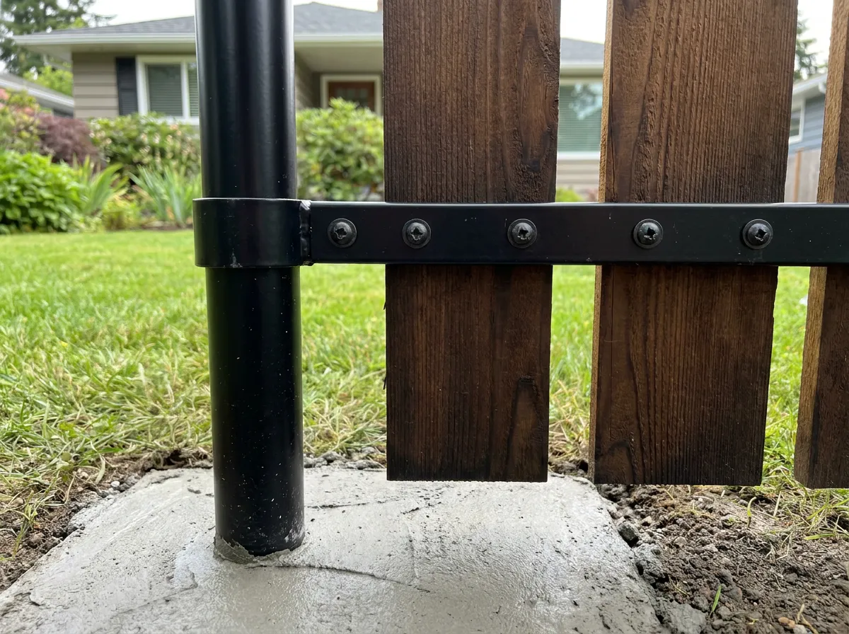 Close-up of a powder-coated steel fence post with cedar pickets attached to a steel rail