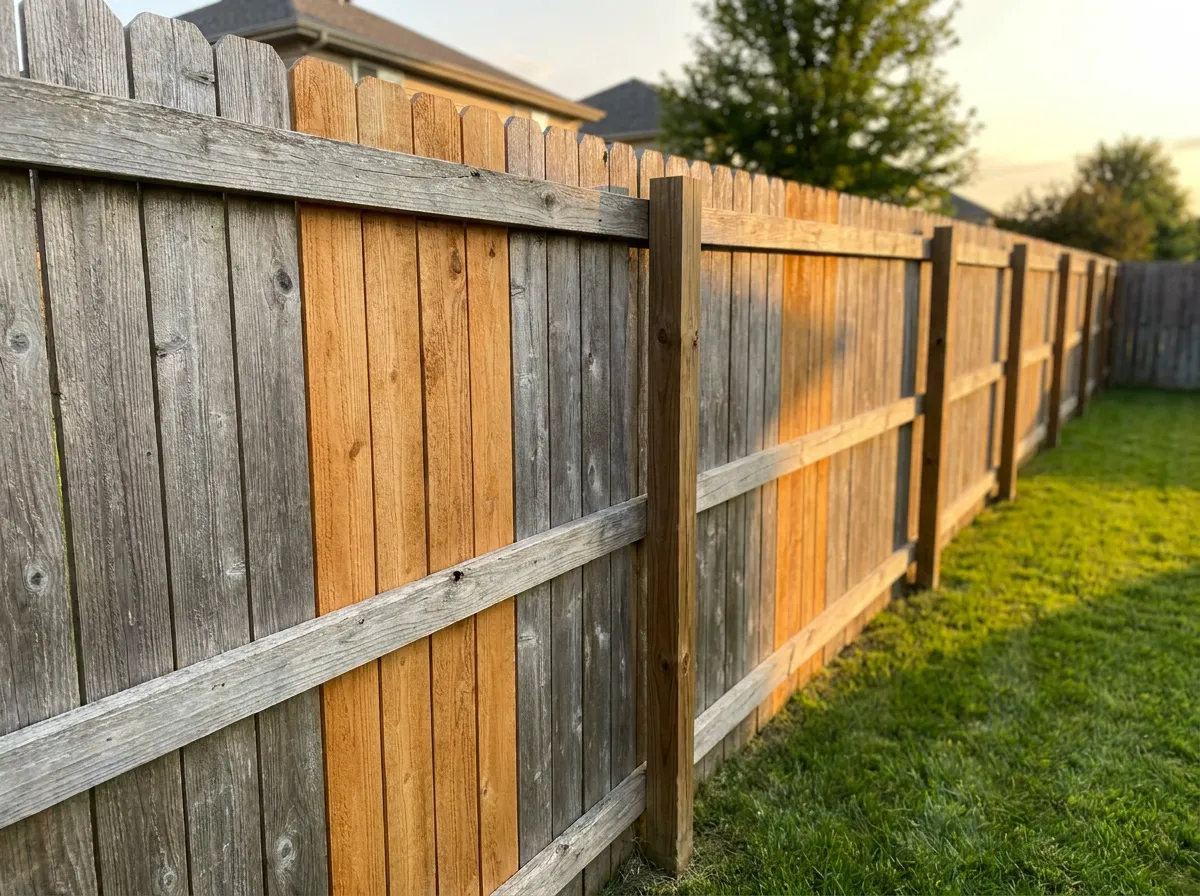 Repaired cedar privacy fence with replaced posts and new boards at a North Texas home