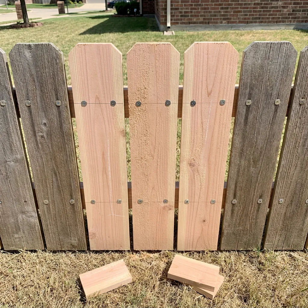Close-up of replaced cedar fence boards with matched stain blending at a North Texas home