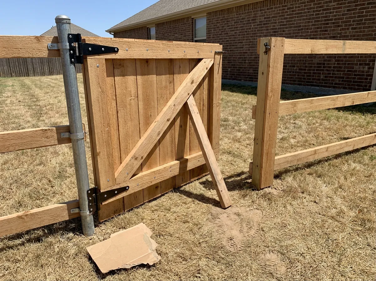 Wooden fence gate rebuild with new hinges and a reset post at a North Texas home