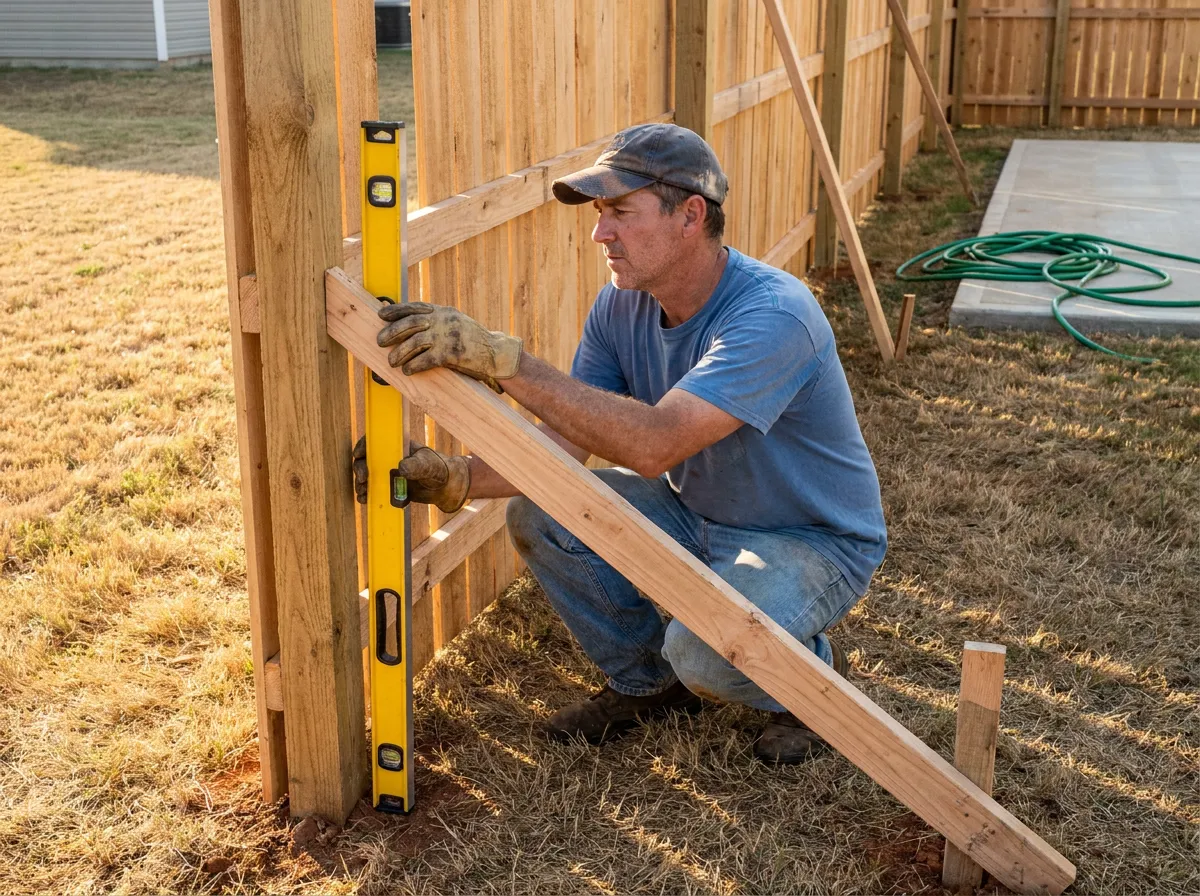 Leaning wooden fence section being straightened with new bracing at a DFW-area home