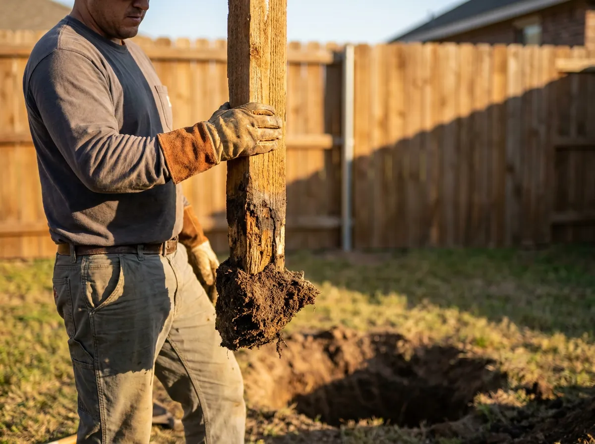 Rotted cedar fence post pulled from the ground showing rot at the soil line in a North Texas backyard