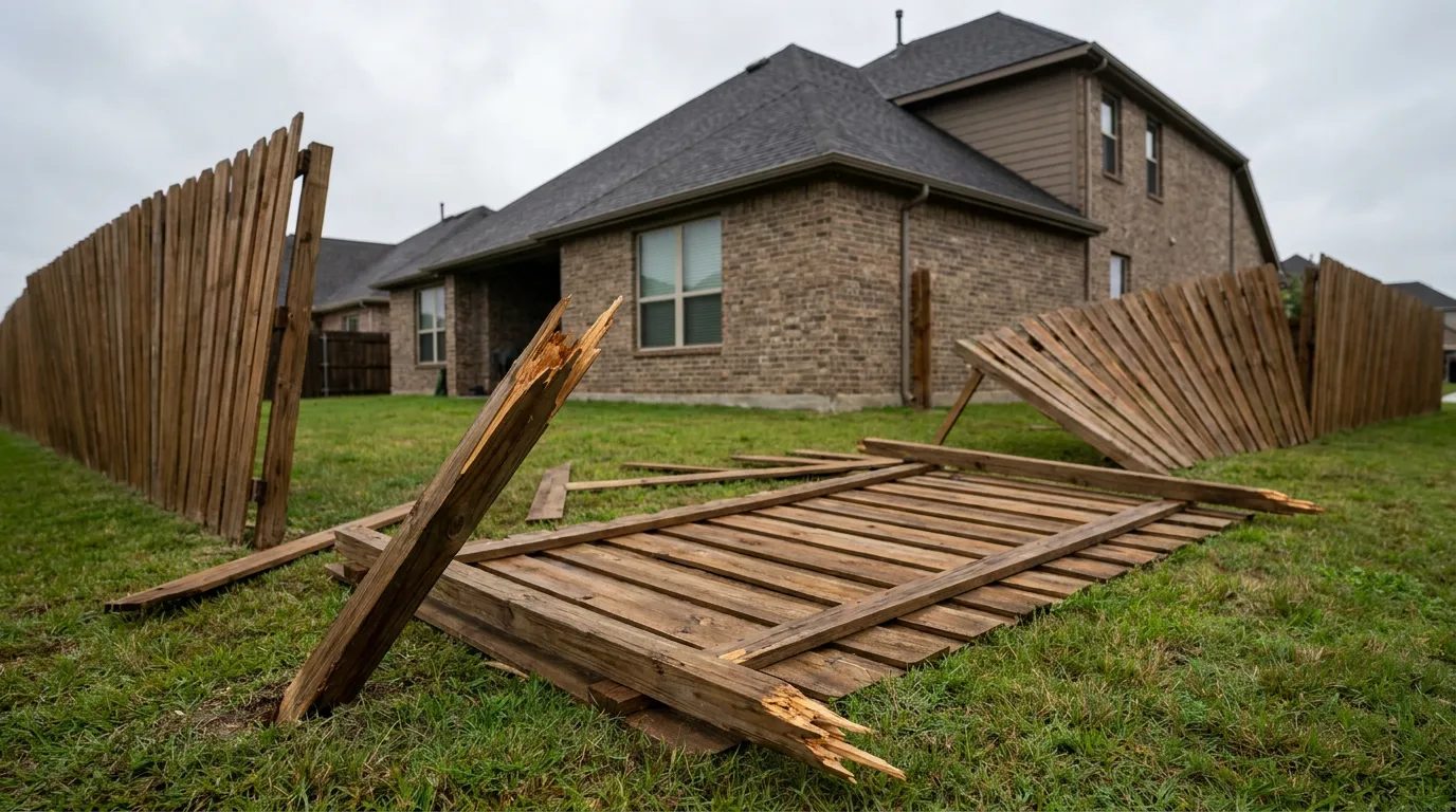 Wind-damaged wooden fence panel lying flat on the ground after a windstorm at a North Texas home