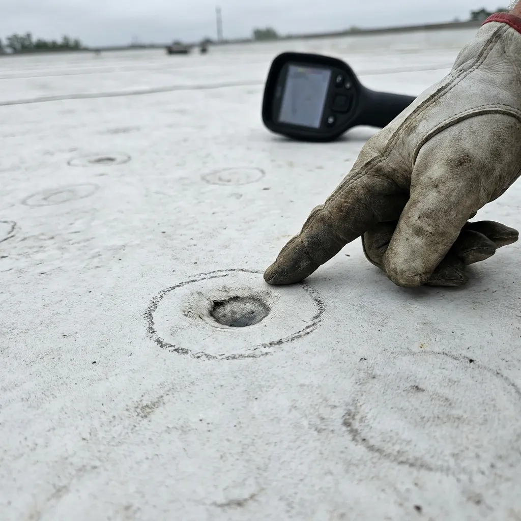 Hail bruising on a commercial flat roof membrane mapped during a post-storm infrared scan in the Frisco area