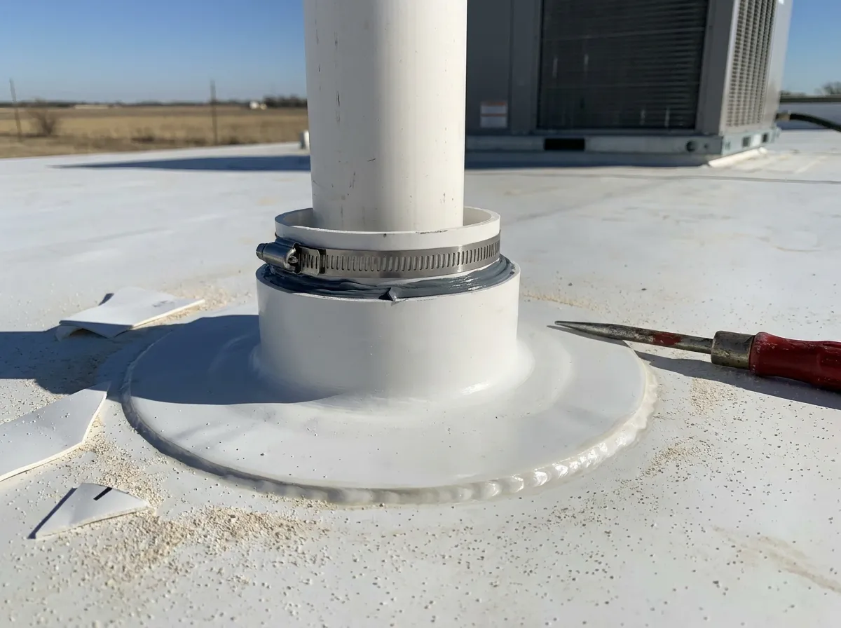 Rebuilt HVAC curb flashing with a target patch and pre-molded boot on a modified bitumen flat roof in Dallas