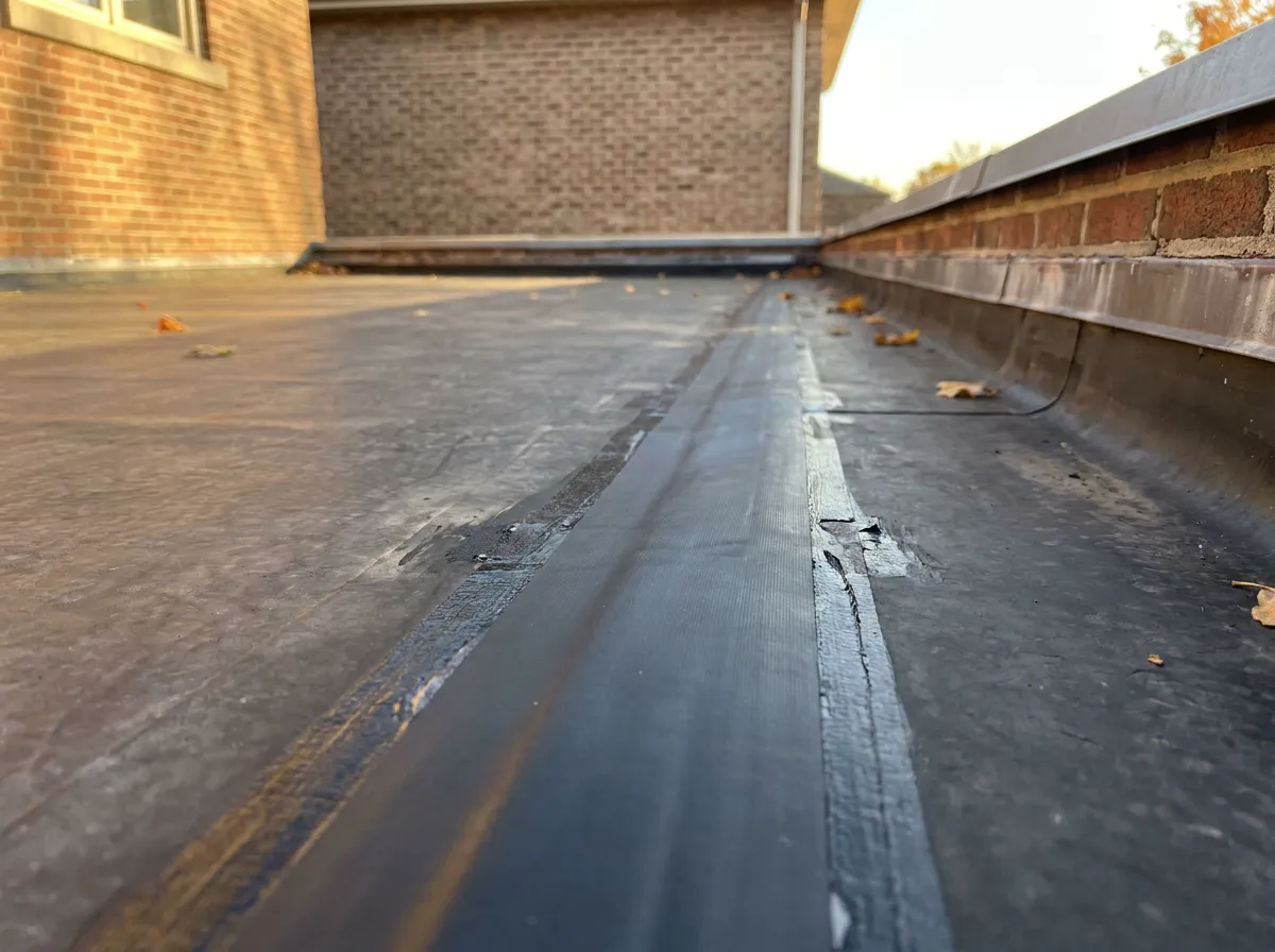 Completed EPDM seam repair with primed splice tape on a residential flat porch section of a North Texas home