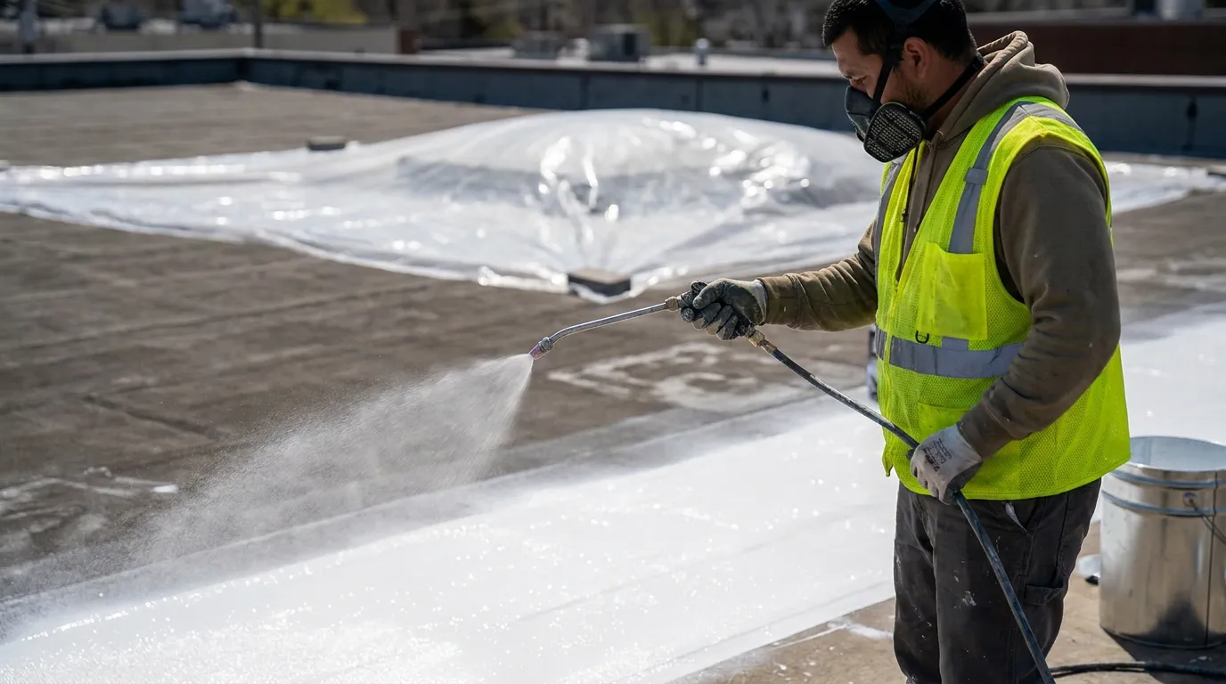 Silicone elastomeric coating being sprayed across a prepped commercial flat roof in Dallas