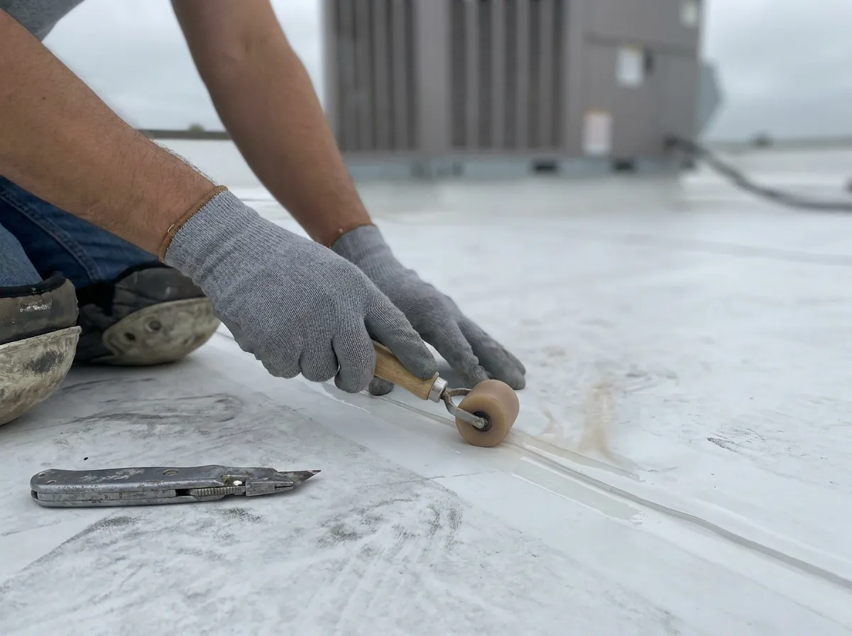 A TPO membrane seam being re-welded with a hot-air welder on a commercial flat roof in Dallas