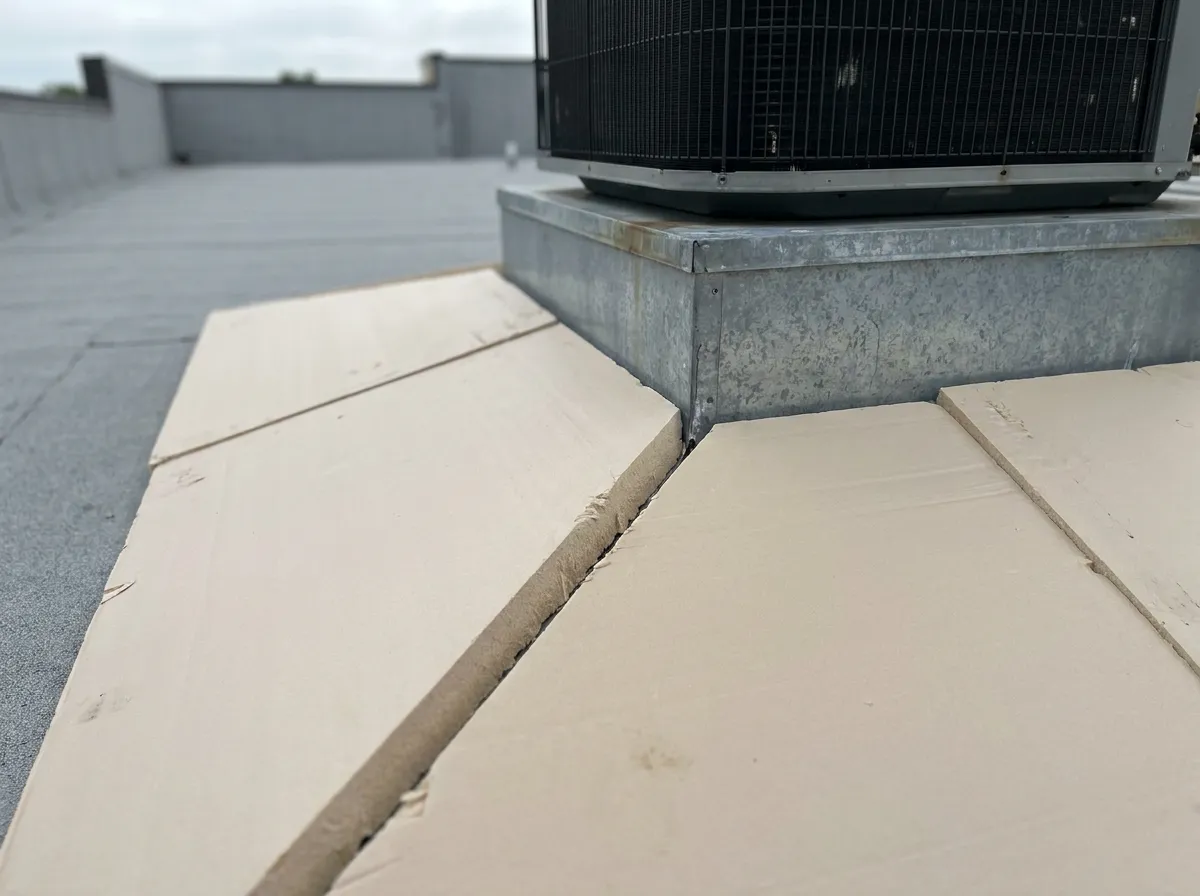Tapered insulation crickets installed behind a rooftop HVAC curb on a North Texas flat roof to break up a ponding zone